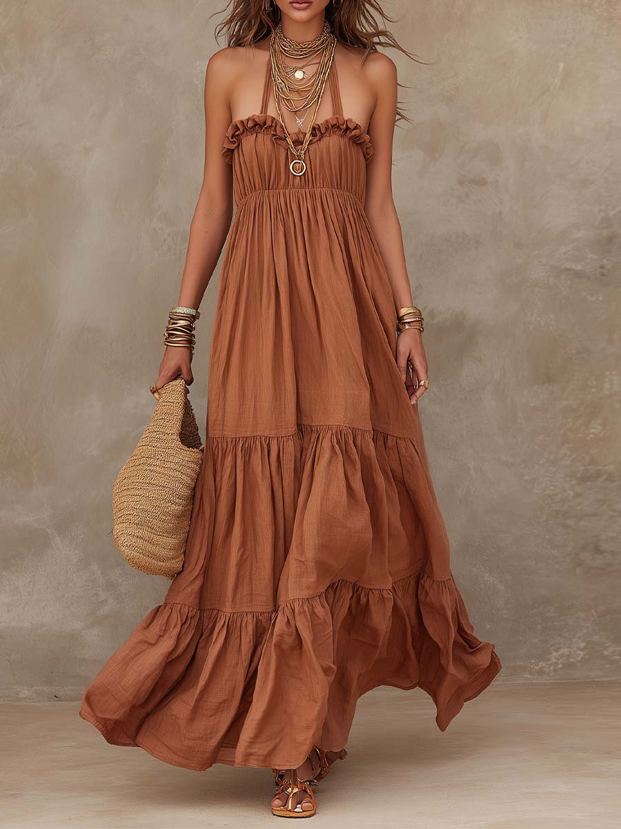 Bohemian Cotton-Linen Halter Tiered Maxi Dress