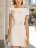 White Satin Dress With 3D Shoulder Flower And Waist Belt