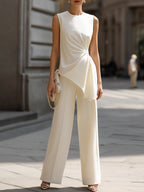 Asymmetric Ruched Draped Top Wide-Leg Pants Set