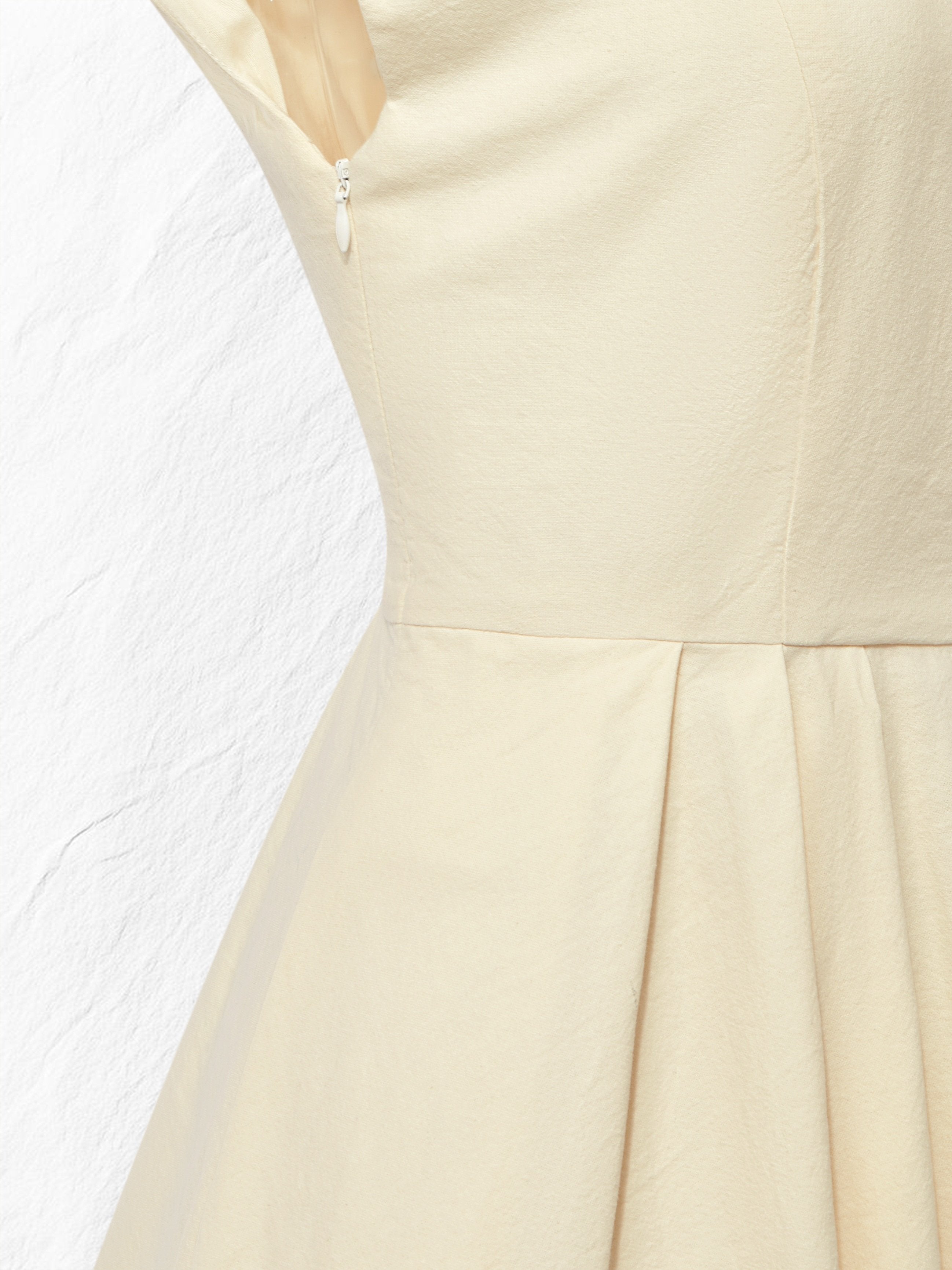 Linen Midi Dress, Cap Sleeve, Boat Neck, Plain, Vintage, Off White