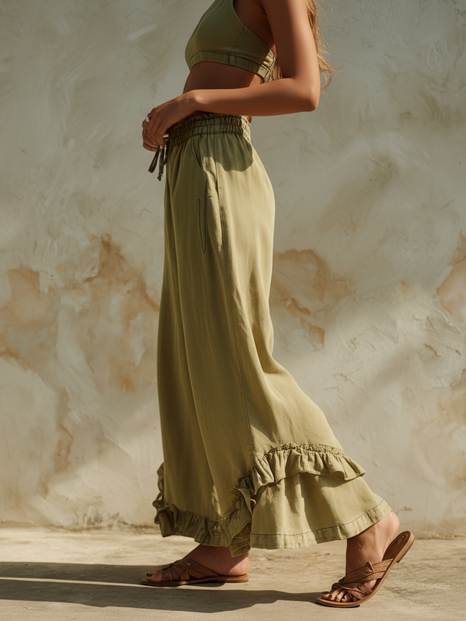 Olive Green Ruffle Hem Wide-Leg Pants