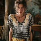 Butterfly Flower Embroidery Patchwork Striped Design Women's Summer Linen T-shirt