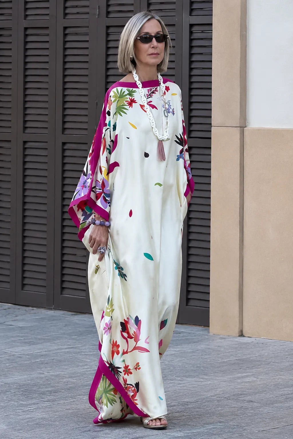 Floral Print Satin Kaftan Maxi Dress