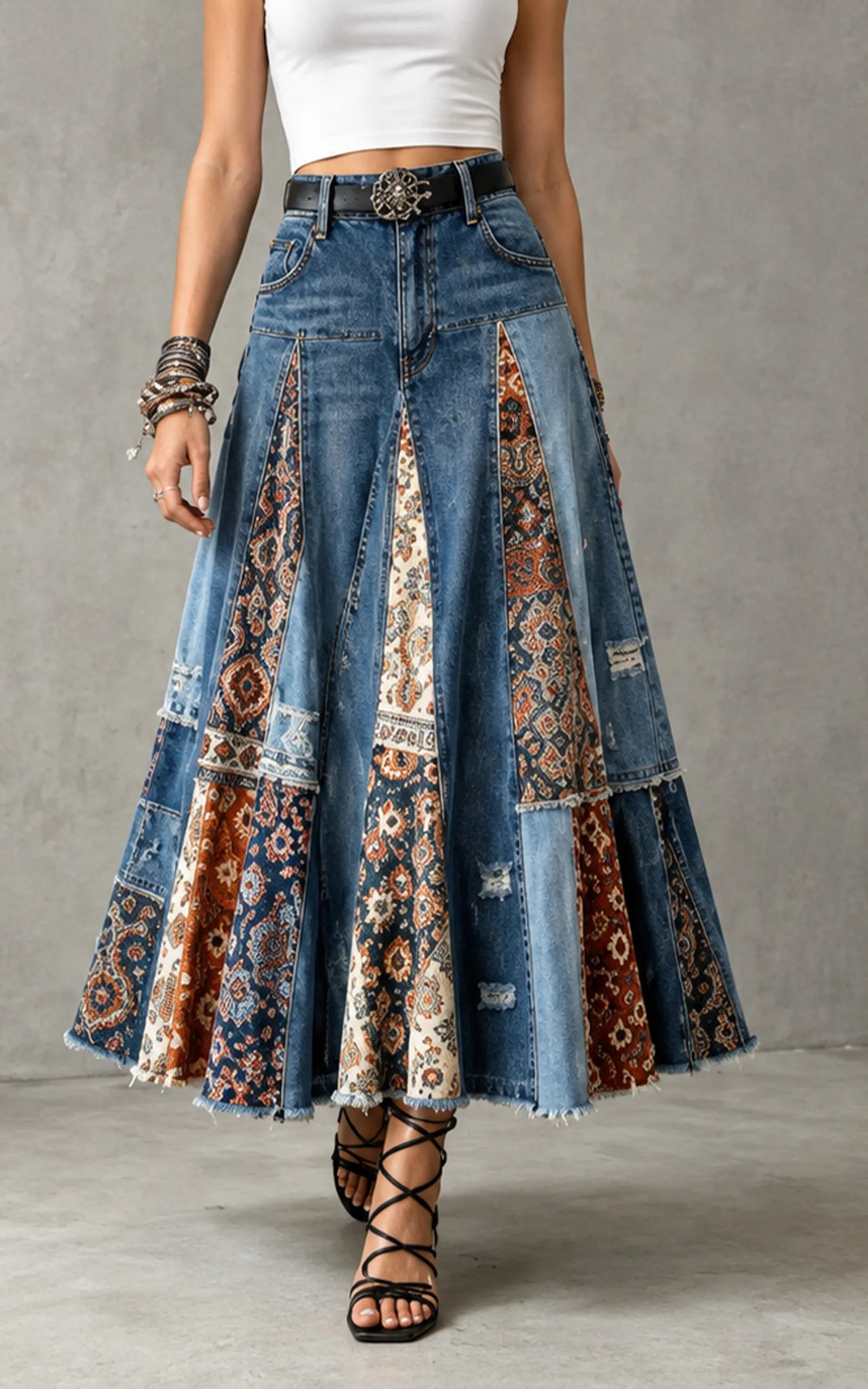 Vintage Ethnic Print Patchwork Denim Long Skirt