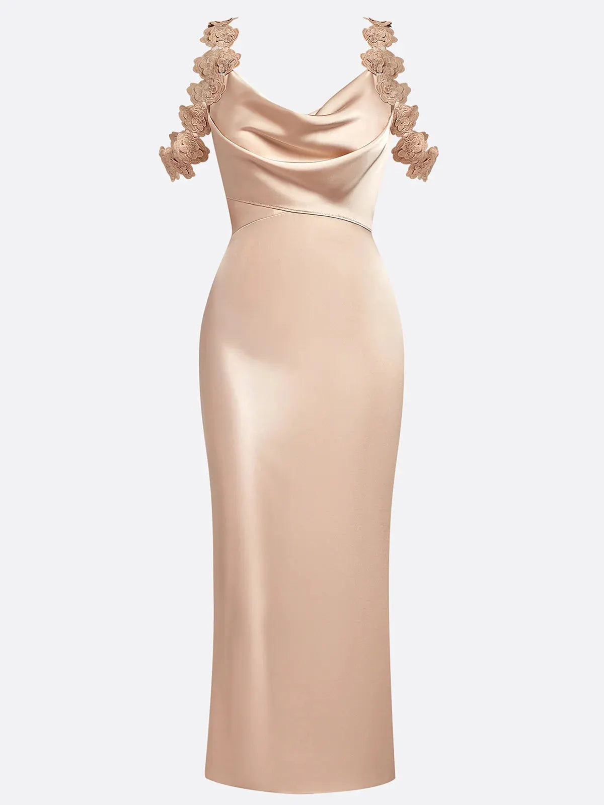 Champagne 3D Floral Satin Cowl Neck Sleeveless Sheath Midi Dress