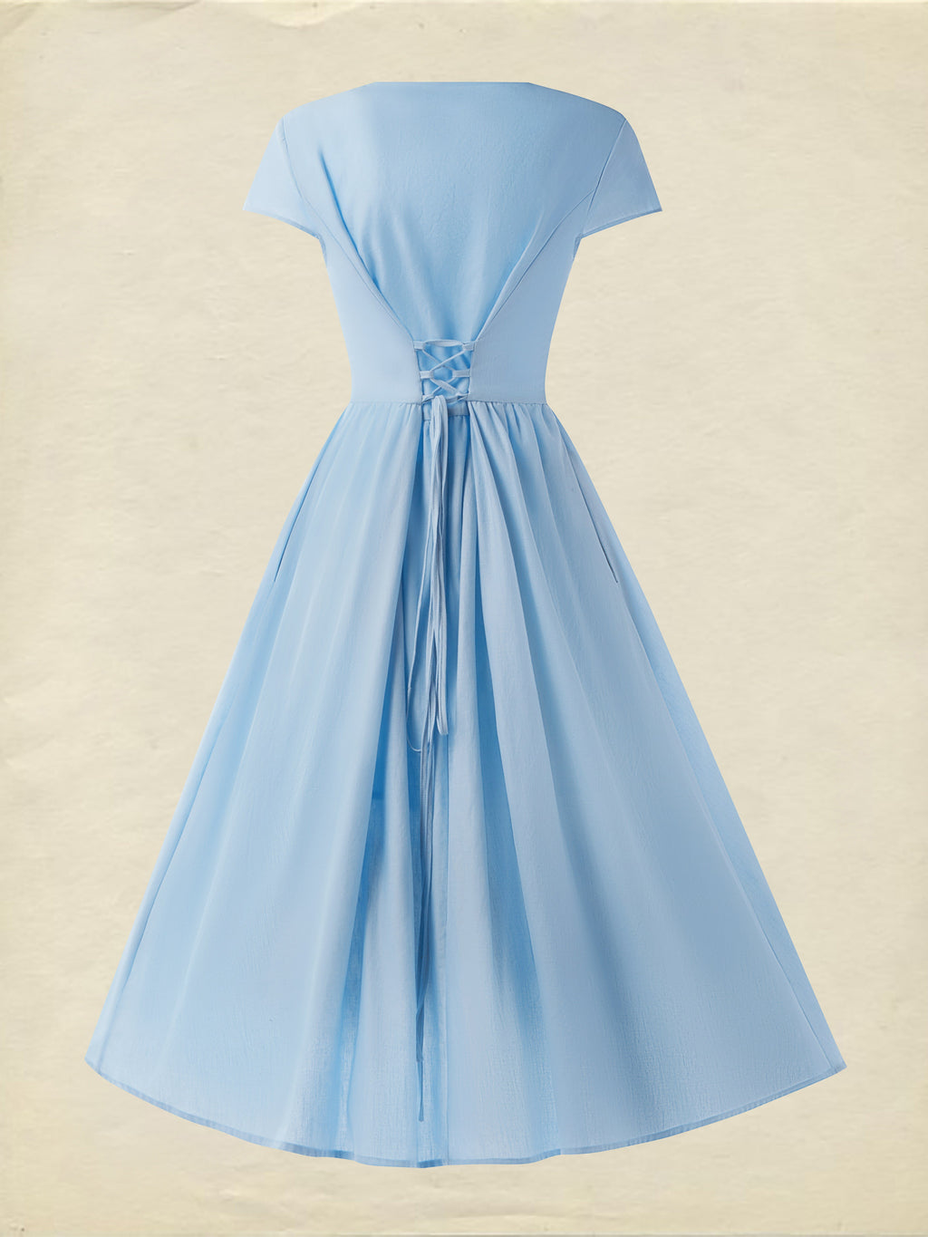 Midi Linen Dress, Short Sleeves, V Neck, Plain, Lace, French Vintage, Blue