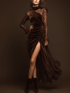 Elegant Lace-Sleeve Slit Gown Velvet Maxi Dress