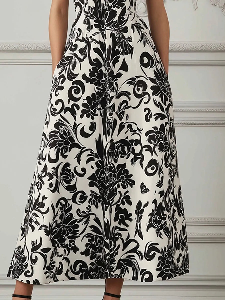 Black & White Baroque Floral Print Square Neck A-Line Midi Dress