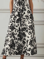 Black & White Baroque Floral Print Square Neck A-Line Midi Dress