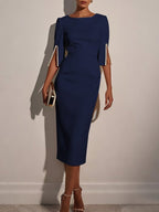 Purplish blue Faux Pearl Classic Crew Neck Half Sleeve Sheath Midi Dress