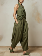 Olive Green Halter Top & Barrel Pants Two-Piece Set