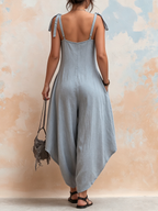 Grey Tie-Shoulder Oversized Harem Linen Jumpsuit
