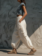 Beige Linen Blend Baggy Cargo Harem Pants