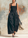 Black Linen-Blend Square Neck Utility Pocket Wide-Leg Jumpsuit