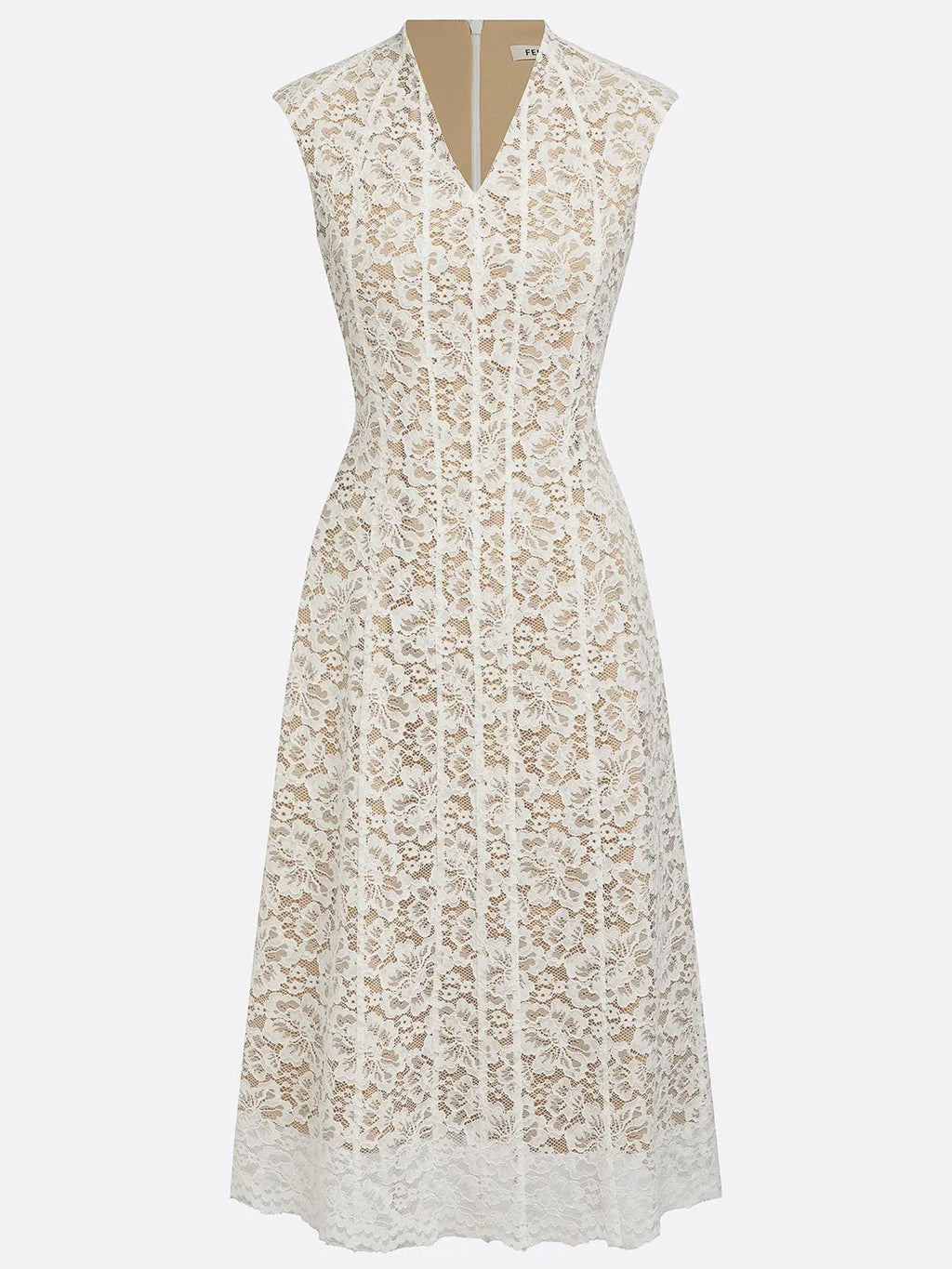 White Lace V Neck Sleeveless A-Line Midi Dress