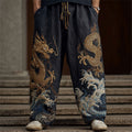 Men's Japanese Gold Dragon Sea Waves Embroidered Linen Pants