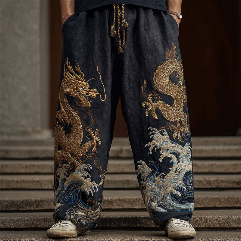 Men's Japanese Gold Dragon Sea Waves Embroidered Linen Pants