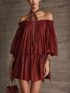 Burgundy Off-Shoulder Tiered Mini Dress With Puff Sleeves