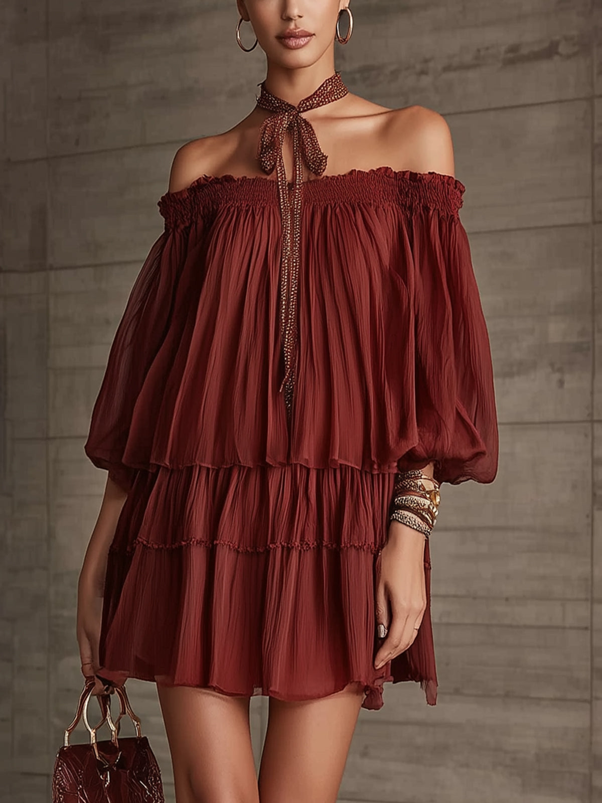 Burgundy Off-Shoulder Tiered Mini Dress With Puff Sleeves