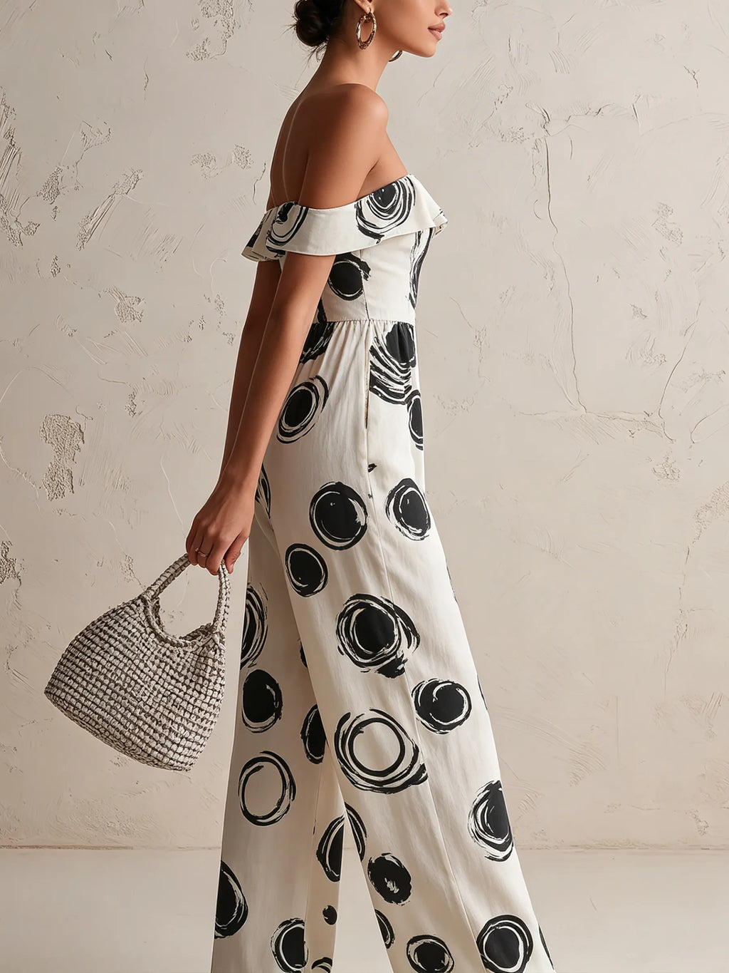 Abstract Circle Print Off-Shoulder Wide-Leg Jumpsuit