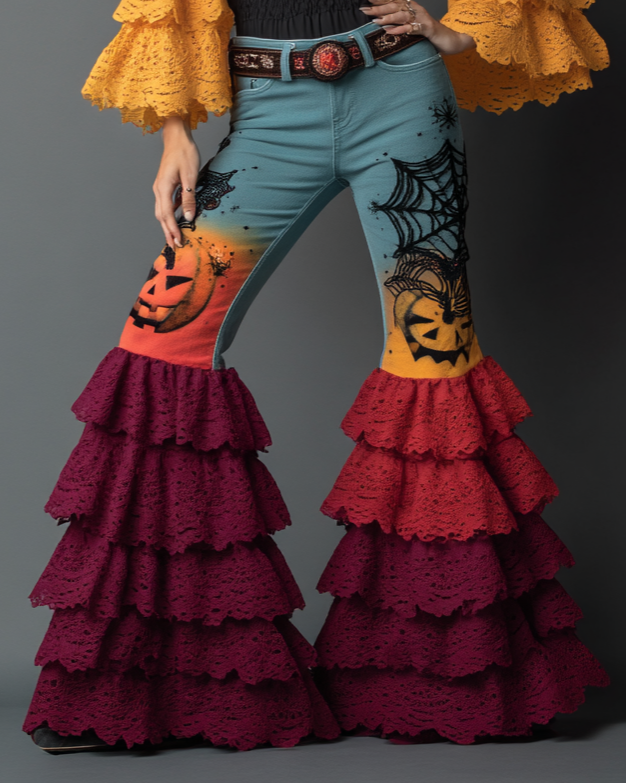 Women's Rainbow Contrast Embroidered Flared Pants cb2f