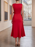 Red Sleeveless Midi Dress Elegant Ruched Waist & Flounce Hem for Weddings and Parties