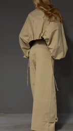 Khaki Workwear Style Cropped Top & Wide-Leg Pants Set
