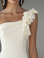 White Satin Dress with Shoulder Flower Detail
