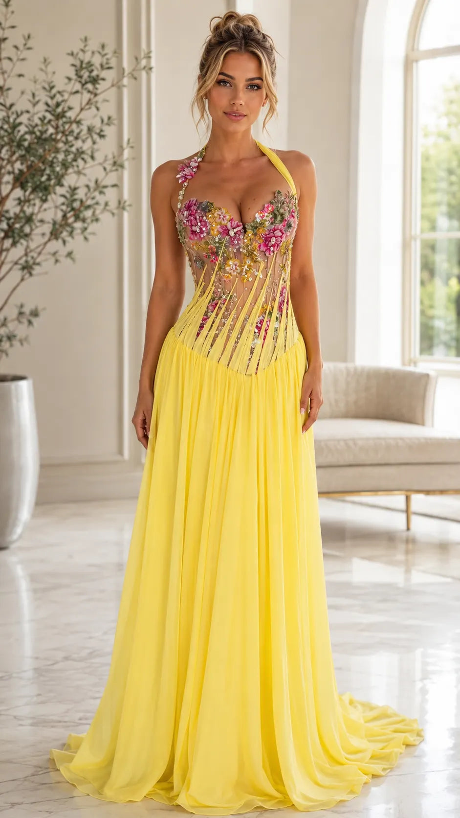Halter Floral Illusion Corset Chiffon Gown