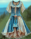 Summer Vacation Ruffle Lace Denim Patchwork Dress  2aa0