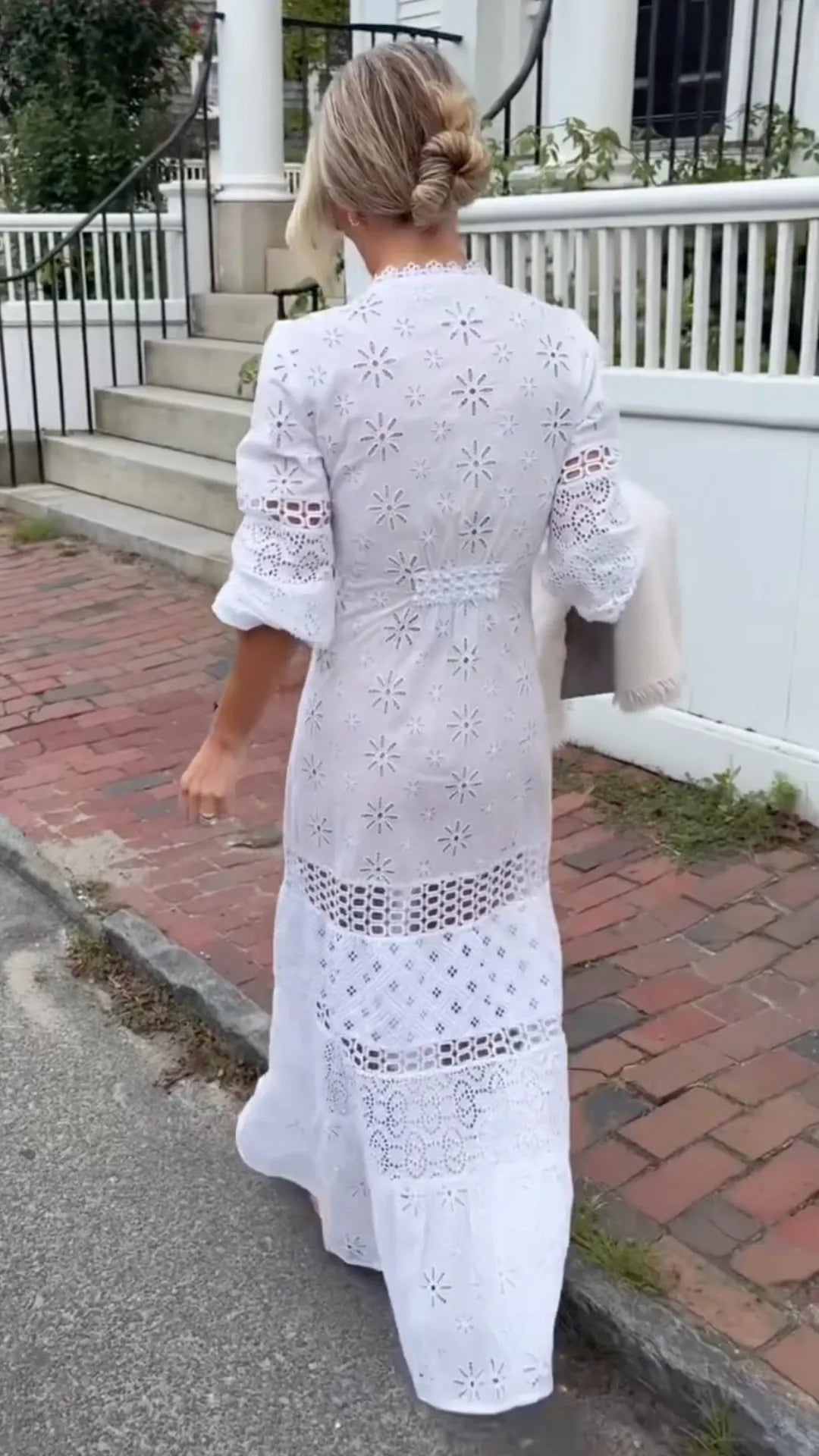 White Eyelet Button‑Front Maxi Dress