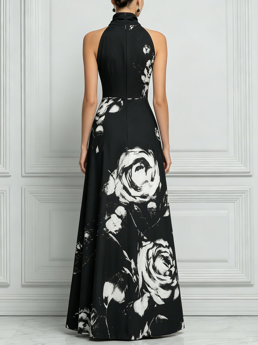 Elegant Black Halter Maxi Dress With White Rose Print