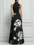 Elegant Black Halter Maxi Dress With White Rose Print
