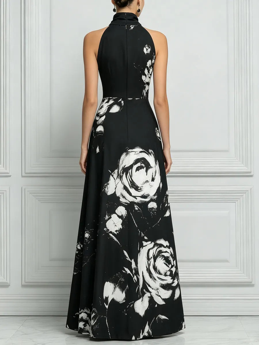 Elegant Black Halter Maxi Dress With White Rose Print
