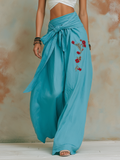 Turquoise Embroidered Wrap Waist Wide-Leg Palazzo Pants