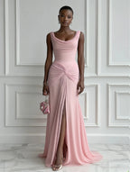 Pink Ruched Slit Formal Dress Cowl Neck Sleeveless A-Line Gown Dress