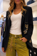 Embroidered Blazer Mustard Washed Denim Pants Outfit