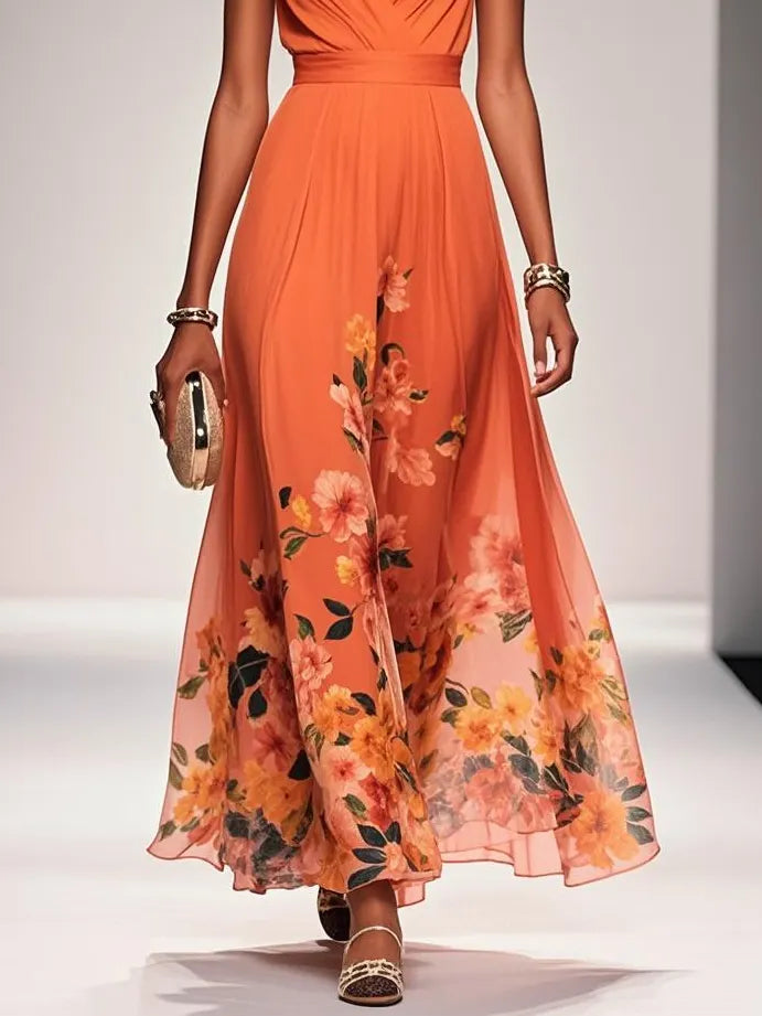 Orange Floral Chiffon V Neck Sleeveless A-Line Maxi Dress