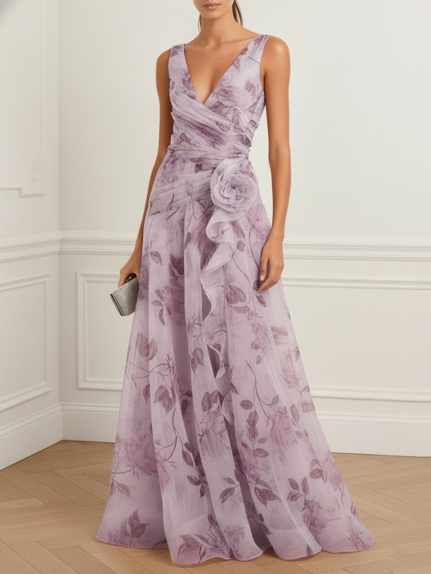 Purple 3D Floral Chiffon V Neck Sleeveless A-Line Gown Dress