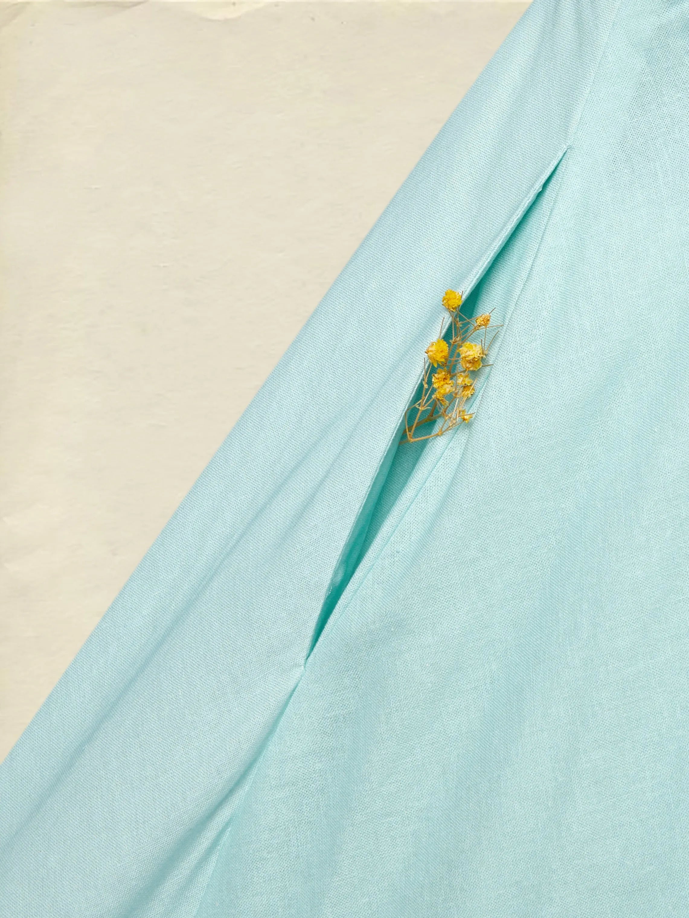 Maxi Linen Dress , Sleeveless, Round Neck, Feather Pattern, Pocket Design, Vintage, Sky Blue