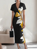 Chic Black Satin Dress with Unique Side Floral Pattern