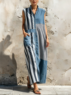 Patchwork Denim & Stripe Sleeveless Maxi Dress Stand Collar