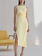 Modern Pale Yellow Knit Dress with 3D Floral Waist Accent