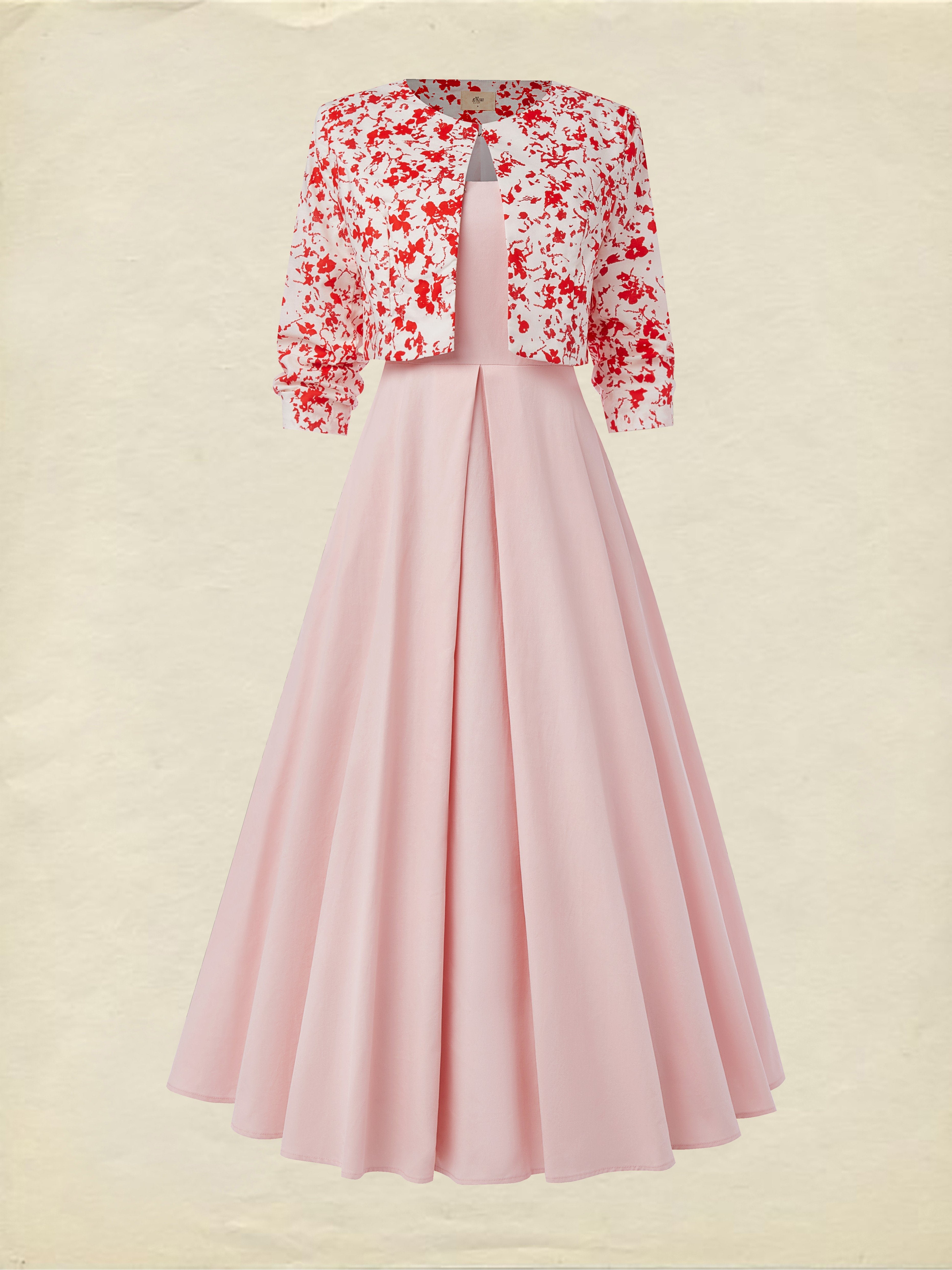 Maxi Cotton Dress Set, Half Sleeve, Round Neck, Floral, Pocket Design, French Vintage, Light Pink