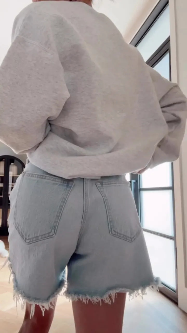 Light Gray Cropped Sweatshirt & Frayed Denim Shorts