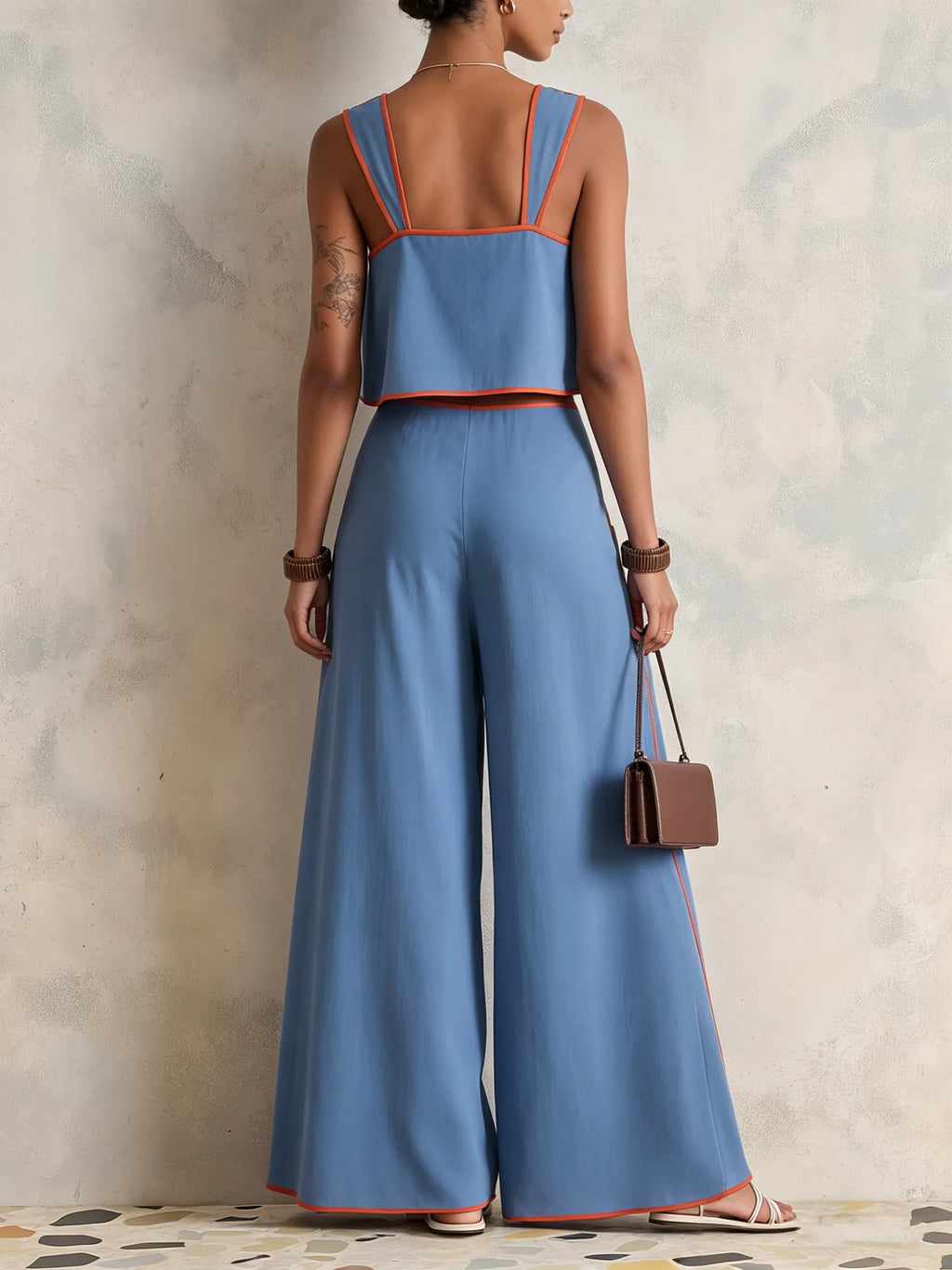 Blue & Orange Contrast Trim Cropped Cami & Wide-Leg Pants Co-ord Set