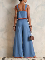 Blue & Orange Contrast Trim Cropped Cami & Wide-Leg Pants Co-ord Set