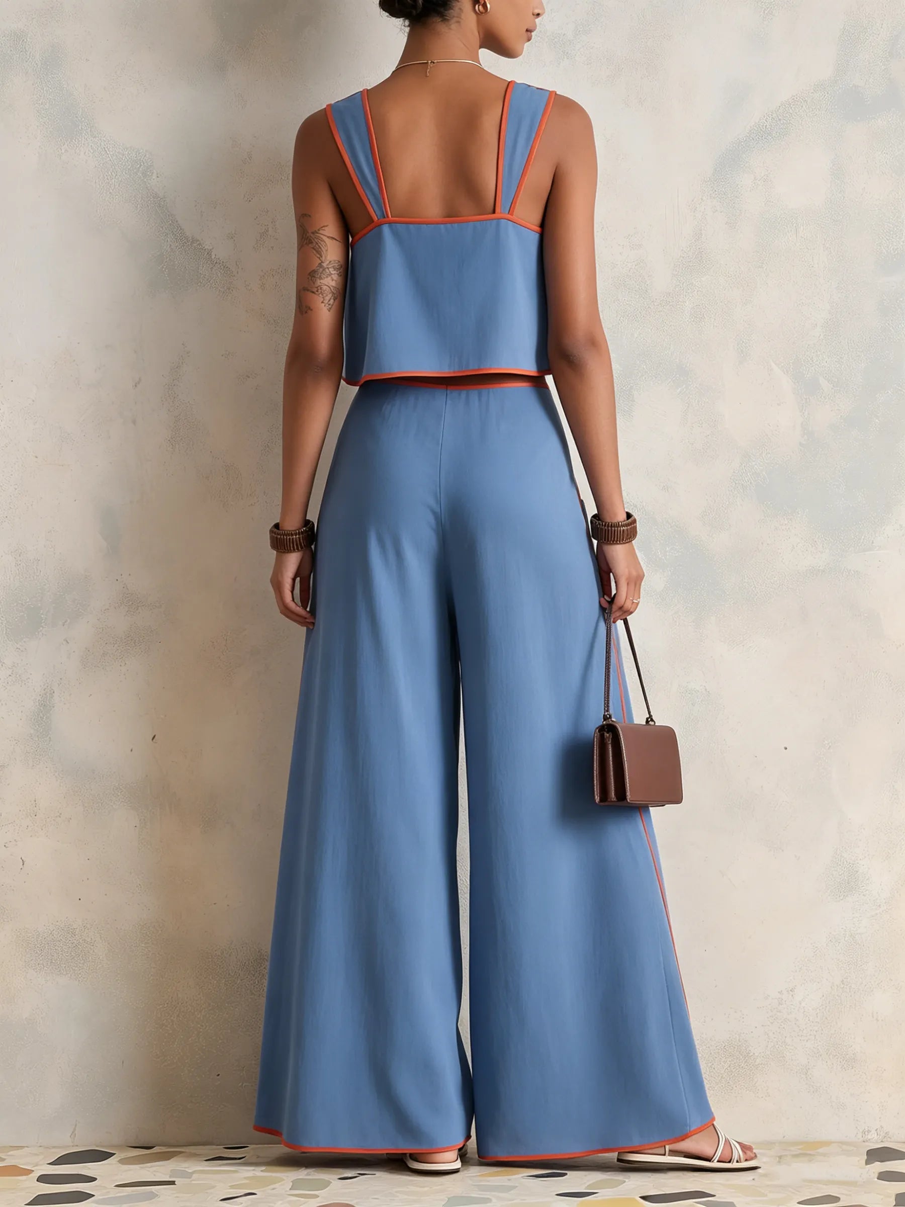 Blue & Orange Contrast Trim Cropped Cami & Wide-Leg Pants Co-ord Set