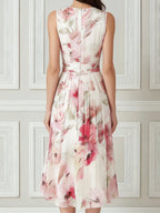 Draped V-Neck Floral Flowing Midi Dress