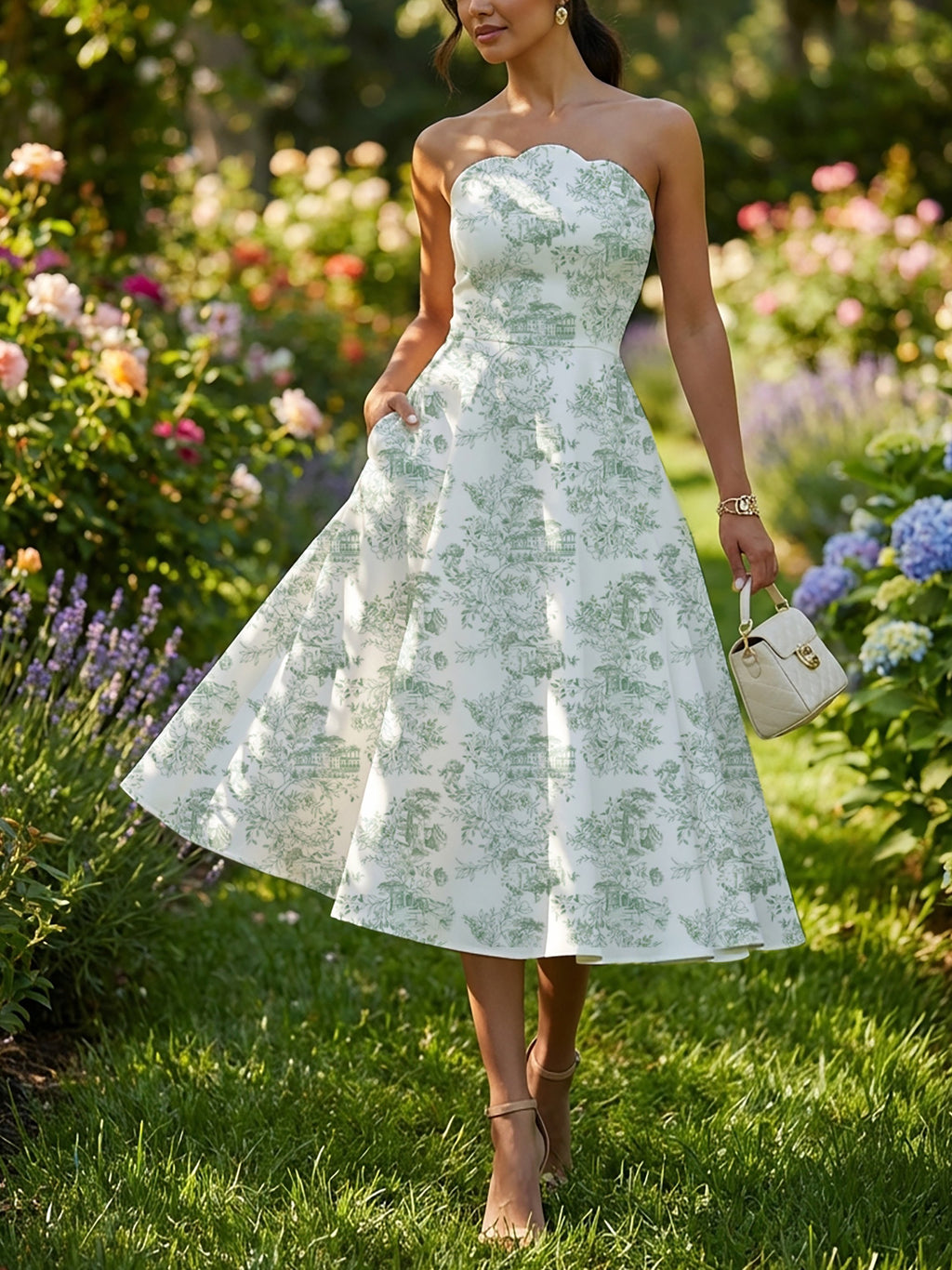 Midi Linen Dress, Sleeveless, Floral, Pocket Design, Vacation, Vintage, Green
